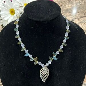 Silver and Blue Necklace with Leaf Pendant and Irregular Beads
